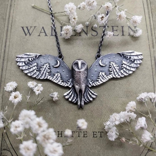 Vintage Silvery Owl Pendant Necklace Witch Moon Phase Art Necklace Ladies Animal Totem Necklace Jewelry Gift - Velura